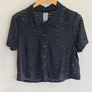 Hurley Black Eyelet Button-Front Collared Crop Shirt NWT, Size Medium